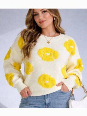 Flirla Cream & Yellow Textured Floral Sweater – Size 1X